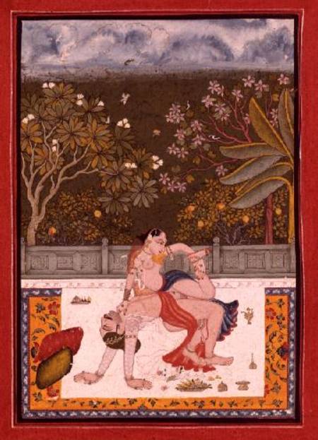 A prince and a lady in a combination of two canonical erotic positions listed in the `Kama Sutra', B de Rajput School
