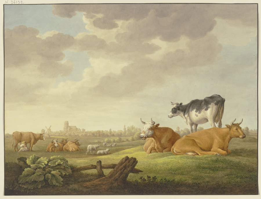Auf einer Wiese Kühe und Schafe, in der Ferne eine Stadt, links eine Melkerin de Regnu