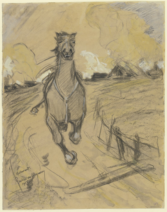 Gesatteltes reiterloses Pferd auf der Flucht, im Hintergrund ein brennendes Dorf de Reinhard Pfaehler von Othegraven
