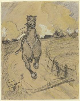 Gesatteltes reiterloses Pferd auf der Flucht, im Hintergrund ein brennendes Dorf