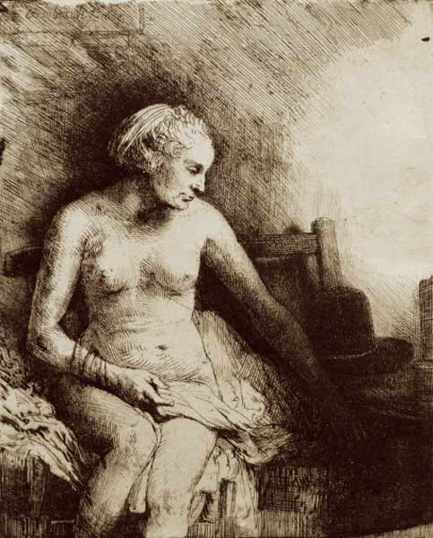 Nackte Frau auf einer Bank de Rembrandt van Rijn