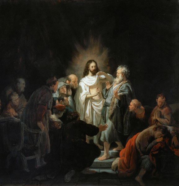 Jesus risen from the dead shows the apostle Thomas de Rembrandt van Rijn