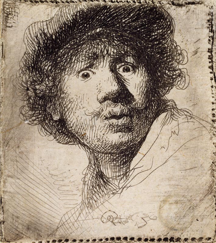 Self-Portrait in a cap, wide-eyed and open-mouthed de Rembrandt van Rijn