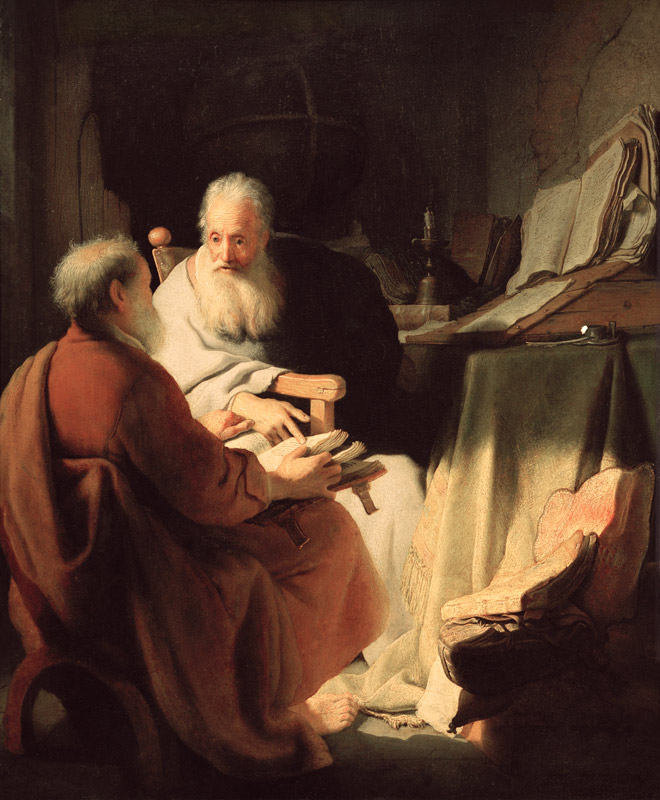Zwei alte Männer im Gespräch de Rembrandt van Rijn