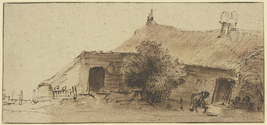 Bauernhaus, davor ein Baum und eine sich bückende Figur de Rembrandt van Rijn