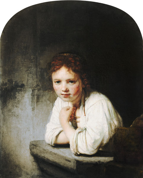 Young girl, leaning on a window parapet de Rembrandt van Rijn