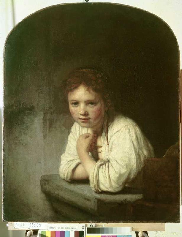 Mädchen, sich auf eine Fensterbrüstung lehnend de Rembrandt van Rijn