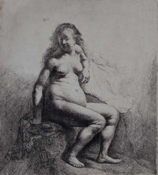 Nakte Frau auf einem Erhügel sitzend de Rembrandt van Rijn