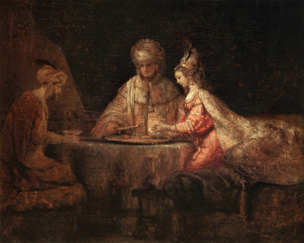 Ahasuerus, Haman and Esther de Rembrandt van Rijn