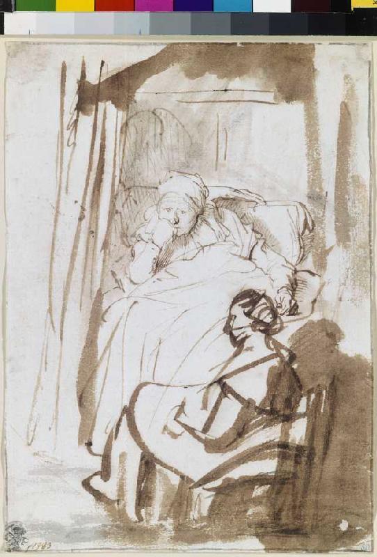 Saskia in bed with nurse de Rembrandt van Rijn