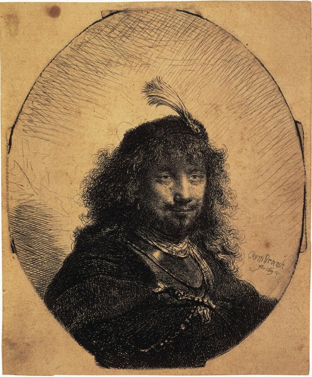 Self-Portrait in a Cap with a Plume and a Sabre de Rembrandt van Rijn