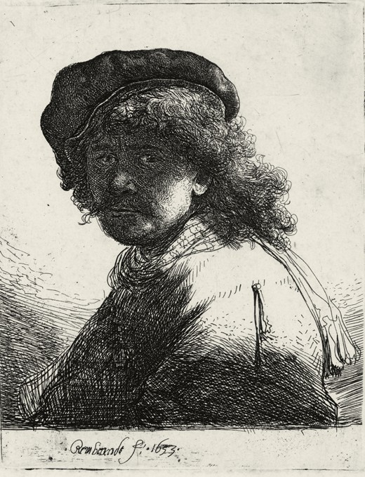 Self-Portrait in a Cap and Scarf with the Face Dark de Rembrandt van Rijn