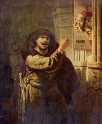 Simson threatens his father-in-law de Rembrandt van Rijn