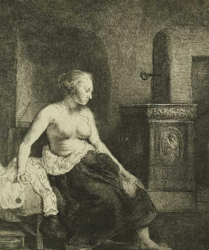 Sitzende Frau an einem Ofen de Rembrandt van Rijn