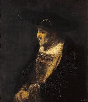Portrait of a man with pearls at the hat.