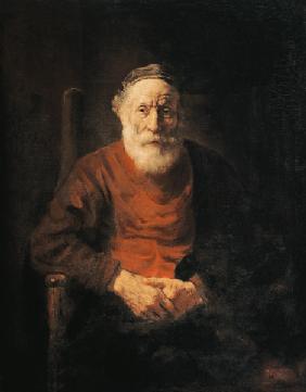 Portrait of an old man in a red gown.