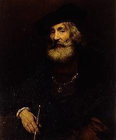 Portrait of an old man with stick and hat.