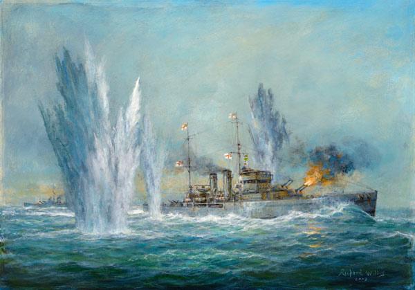 HMS Exeter engaging in the Graf Spree at the Battle of the River Plate