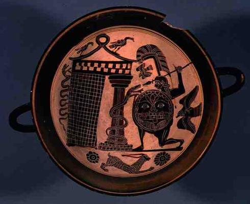 Laconian black-figure cup depicting a warrior attacking a snake, 6th century BC (pottery) de Rider Painter