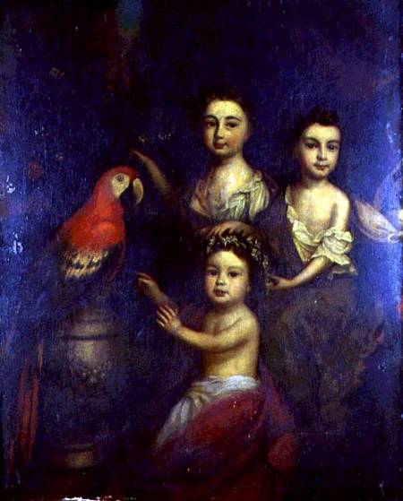 Portrait of Three Children with a Macaw de Robert Byng or Bing