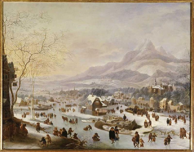 Big wintry riverside at a town in front of the mou de Robert Griffier
