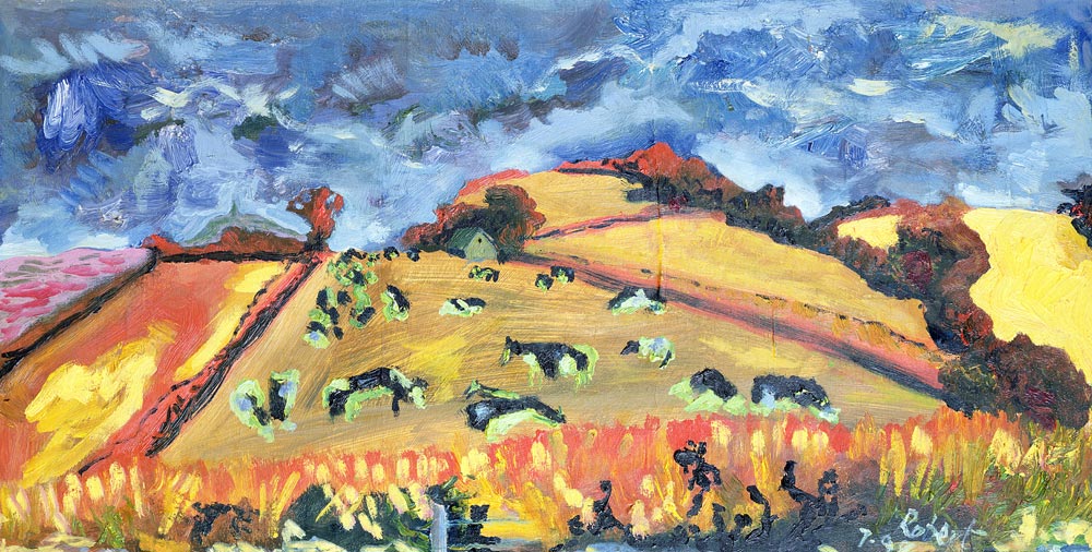 Sun, Fields, Cows: Somerset, 1998 (oil on board)  de Robert  Hobhouse