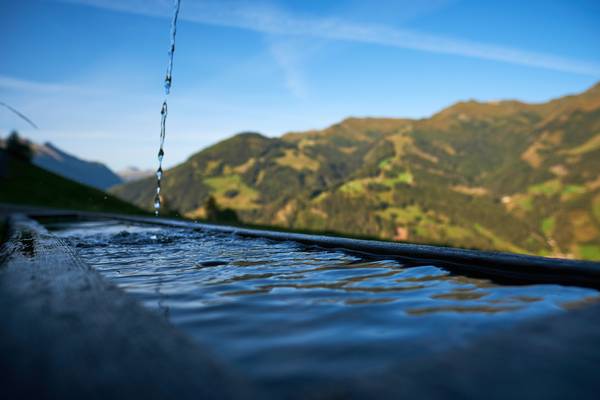 Holzbrunnen auf der Alm mit frischem sprudelndem Quellwasser, Aufnahmen aus dem Bregenzerwald. de Robert Kalb
