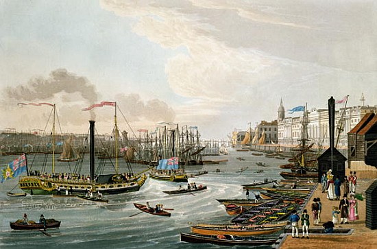 A View of London Bridge and the Custom House, with the Margate Steam Yachts, pub. 1820 Colnaghi & Co de Robert the Elder Havell