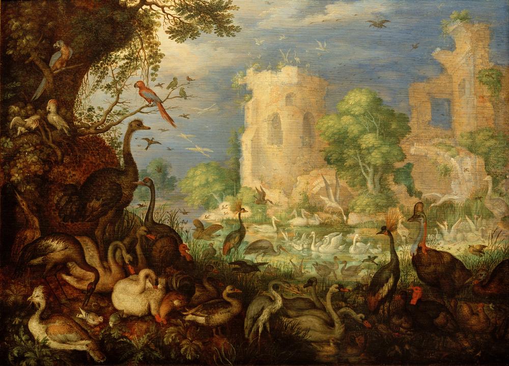 Exotische Vögel in einer Landschaft mit Teich und Ruinen mit der Entführung des Ganymed de Roelant Jakobsz Savery