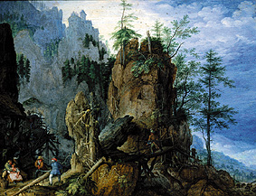 Mountains landscape with woodcutters de Roelant Jakobsz Savery