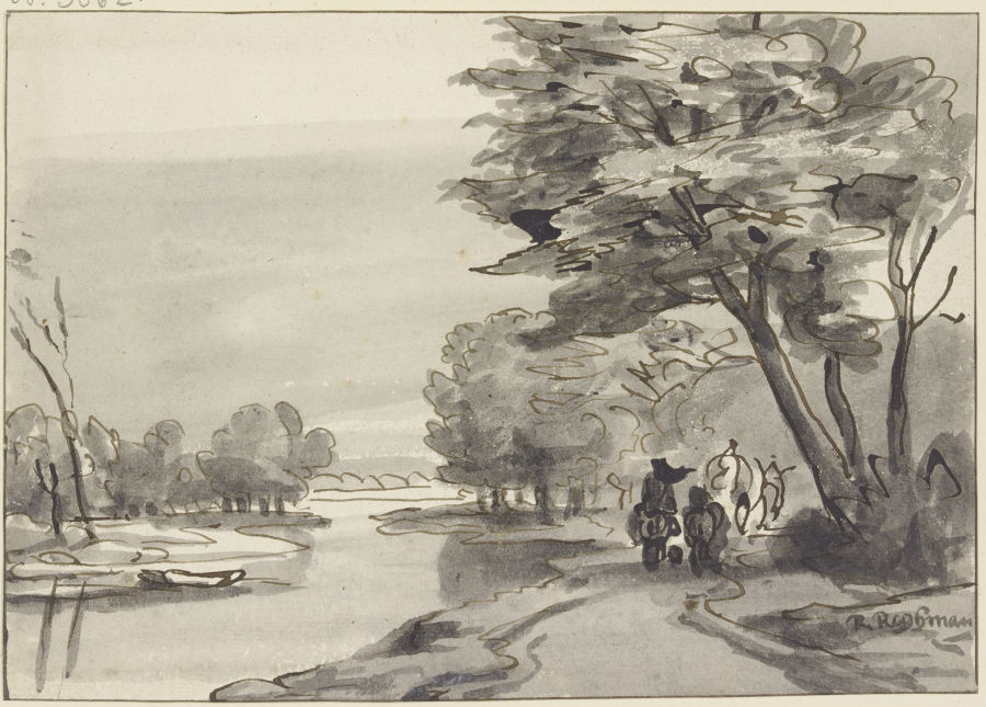 Fluss mit waldigem Ufer, rechts ein Wagen und Reiter de Roelant Roghman