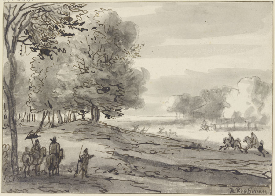 Landschaft mit einer Parforcejagd, links eine Dame zu Pferde mit einem Sonnenschirm de Roelant Roghman