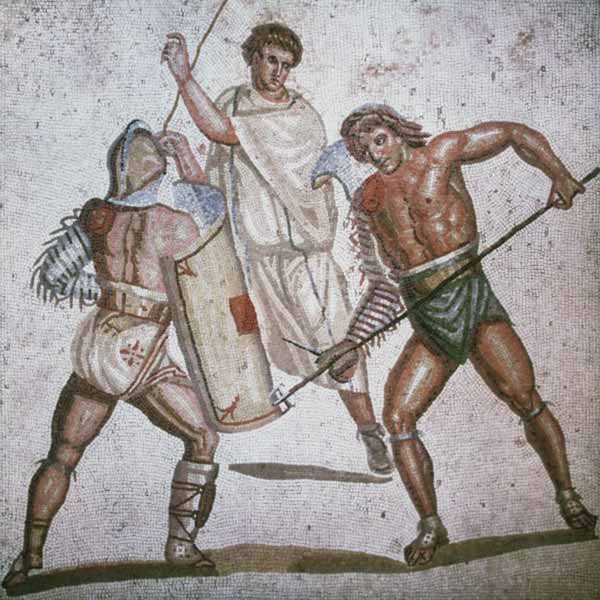 Two fighting gladiators and an arbitrator mosaic de römisch Mosaik
