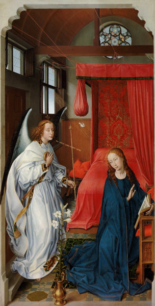Dreikönigsaltar. Linker Flügel: Verkündigung Mariae, um 1455. de Rogier van der Weyden