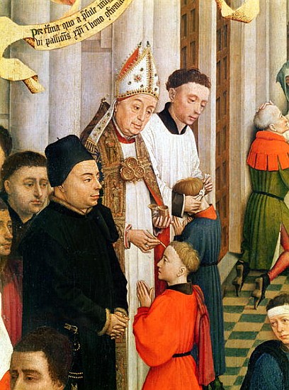 The Seven Sacraments Altarpiece, detail of Jean Chevrot (1400-60) Bishop of Tournai confirming a boy de Rogier van der Weyden