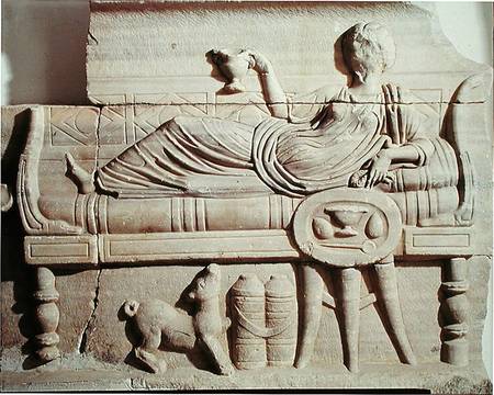 Detail from a sarcophagus depicting a woman reclining on a bench de Roman