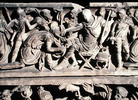 Relief from a sarcophagus depicting the submission of a barbarian to a Roman general de Roman