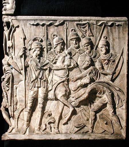 Relief from a sarcophagus depicting the submission of a barbarian to a Roman troop de Roman