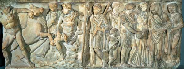 Sarcophagus depicting Jason and the fire breathing bull at Colchis de Roman