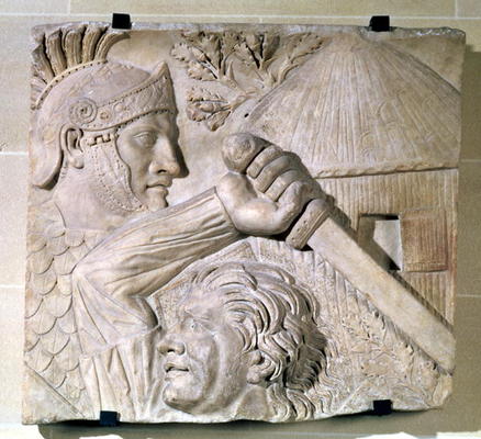 Relief depicting a Barbarian fighting a Roman legionary (stone) de Roman 2nd century AD