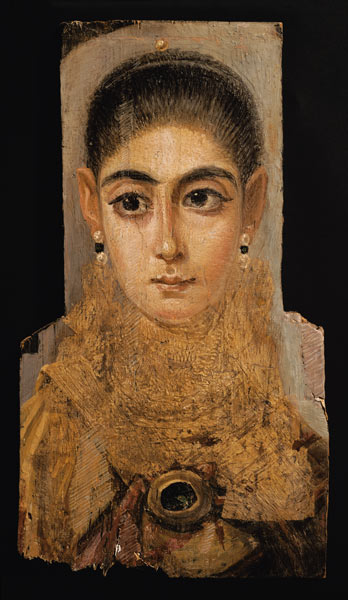 Portrait of a woman wearing a gold pectoral, tomb decoration, from Fayum, 120-130 AD (encaustic wax de Roman Period Egyptian