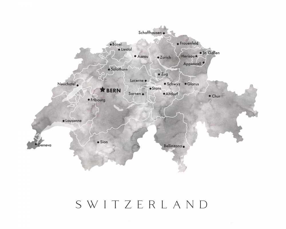 Gray watercolor map of Switzerland de Rosana Laiz Blursbyai