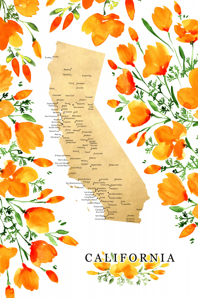 California map with watercolor poppies de Rosana Laiz Blursbyai