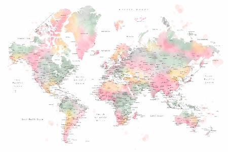Pastel watercolor world map with cities, Anjah