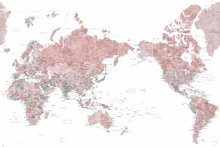 Pacific centered world map in dusty pink