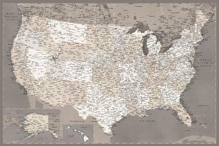 Highly detailed map of the United States, dark taupe
