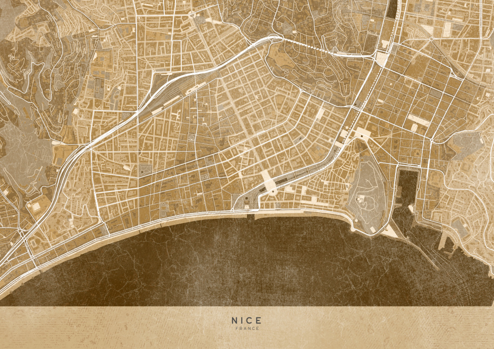 Sepia vintage map of Nice downtown France de Rosana Laiz Blursbyai