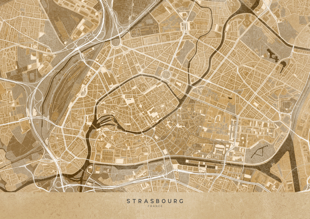 Sepia vintage map of Strasbourg downtown France de Rosana Laiz Blursbyai