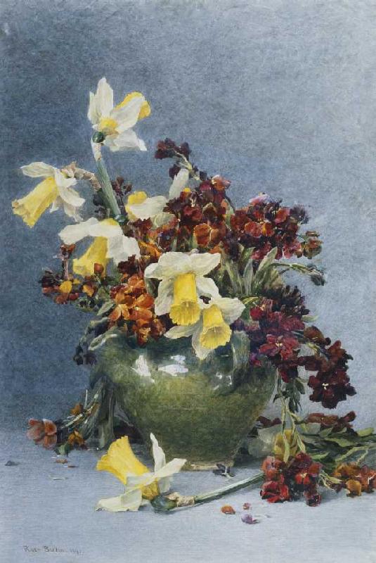 Osterglocken und Mauerblümchen in einer grünen Vase de Rose Maynard Barton