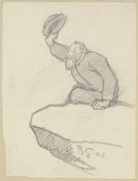 Alter Mann, von einem Felsvorsprung seinen Hut zum Gruße hebend de Rudolf Gudden
